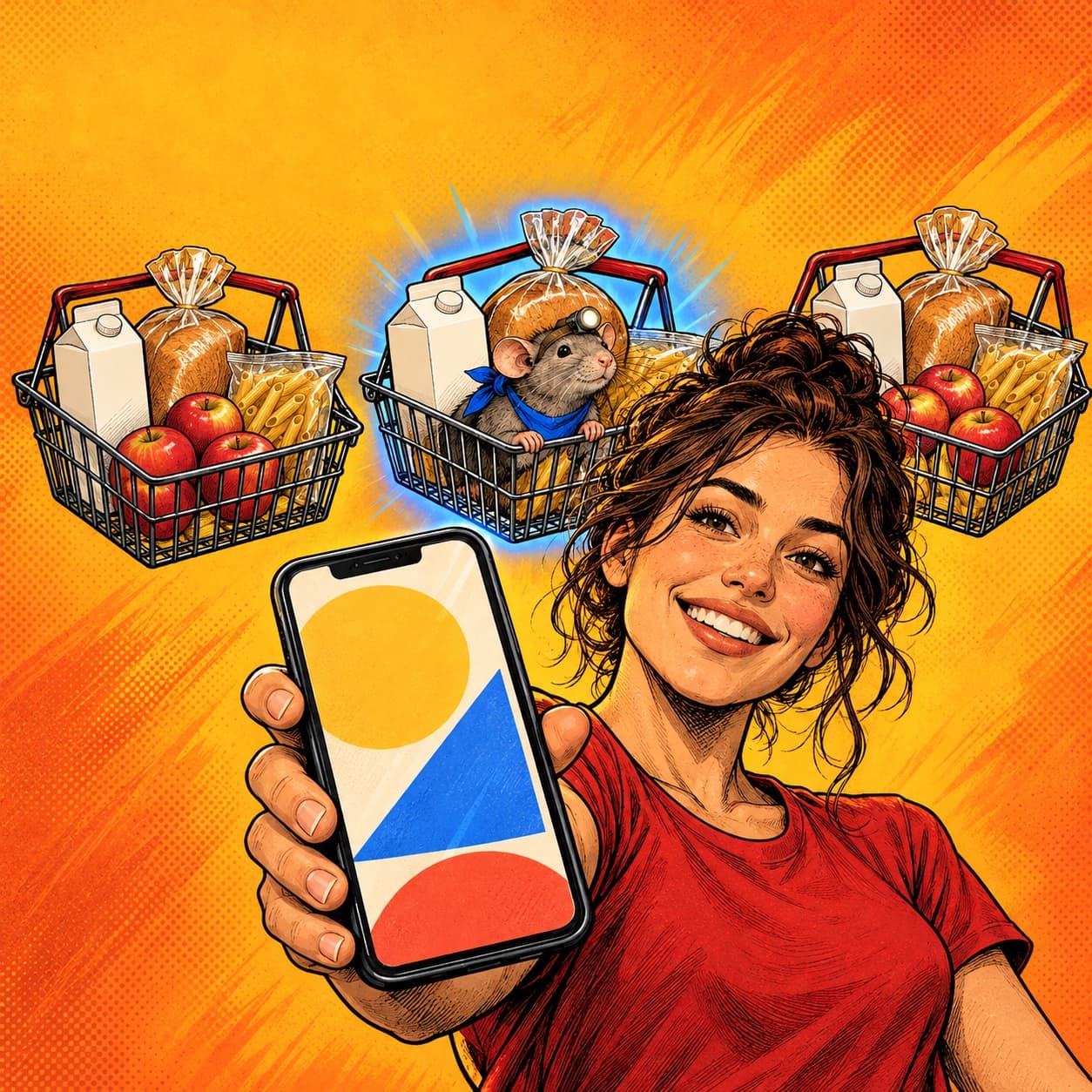 Девушка показывает смартфон, за ней три корзины с одинаковыми продуктами. Из одной выглядывает крыс.